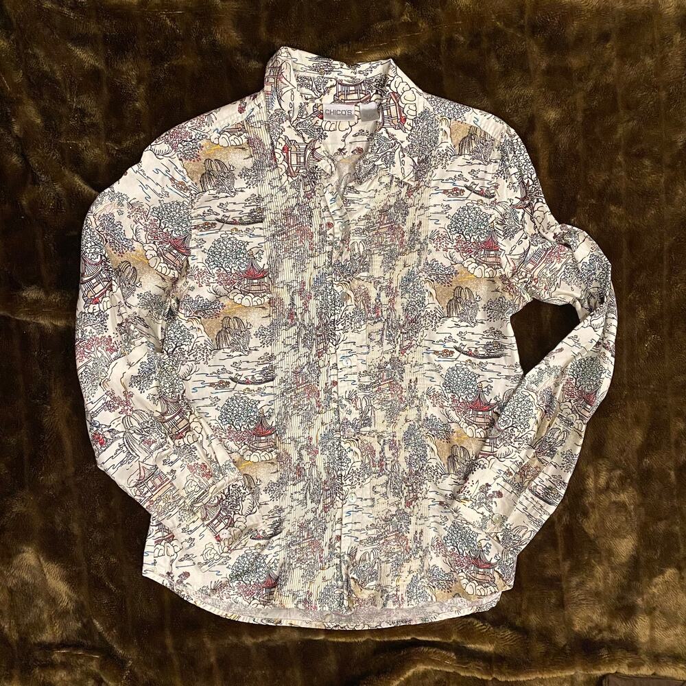 Chico's 1 Pintucked Button Front Long Sleeve Blouse Ultra Clean!